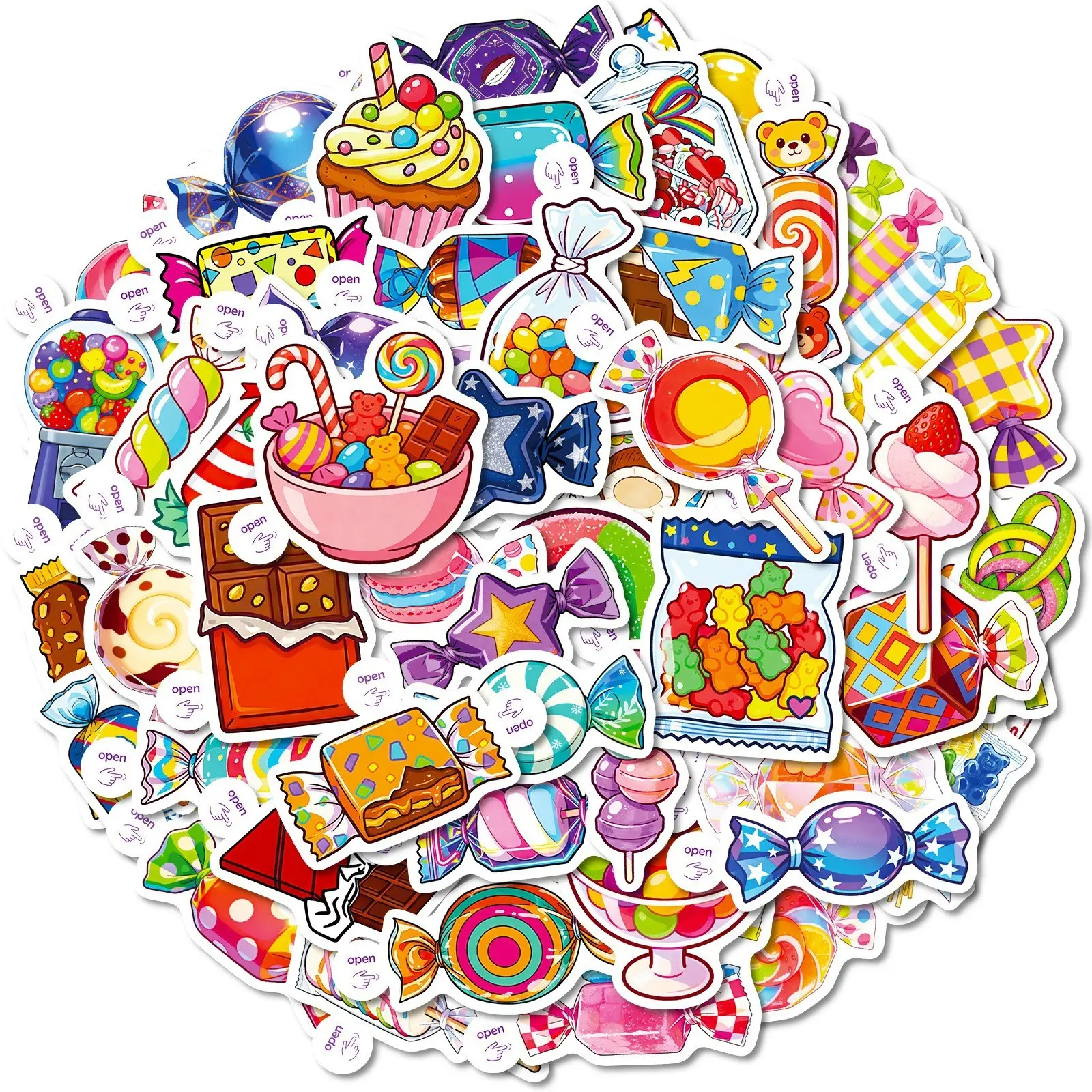 50 Pcs Cartoon Colorful Sweet Candy Stickers, Stickers Kit Waterproof PP Decals for Water Bottles, Luggage & Tablets, Vibrant Daily Decorative Stickers