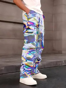 One-piece Holographic Colorful Pleated Texture Men's Cargo Pants with Trendy, Cool and Personalized Style and Multi-pocket Design