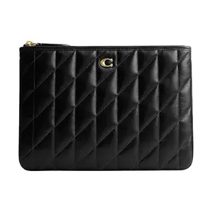 Coach Pouch 29 Large Leather Clutch With Silver Logo And Quilted Zipper Closure For Women In Black