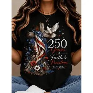 Plus Size - Women'S Patriotic Faith Graphic T-Shirt, 250 Years of Faith And Freedom Print Tee, 1776-2026 Cross Dove Floral Short Sleeve Top, Casual Summer Crew Neck Shirt