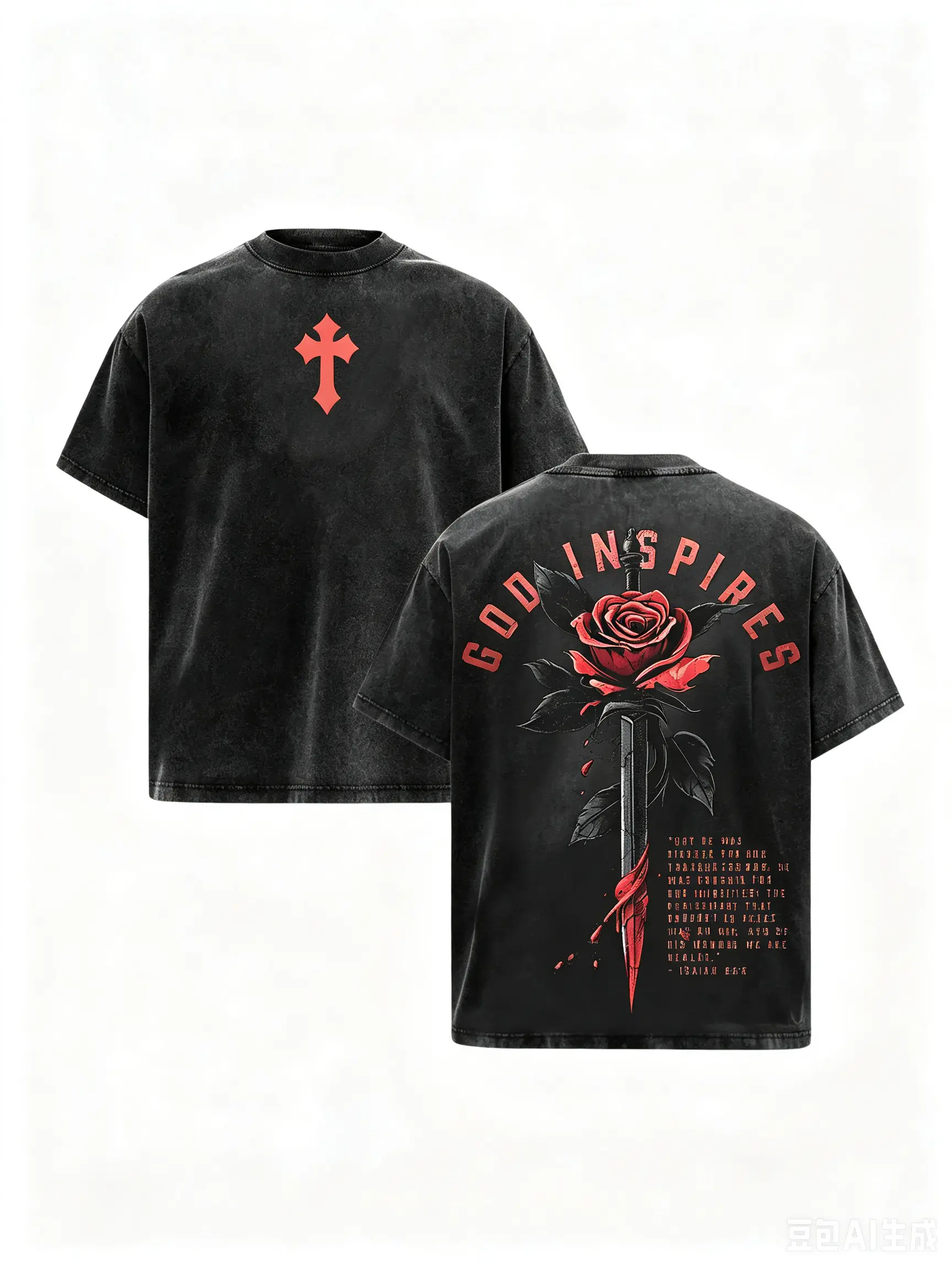 Vintage Acid Washed Black Oversized T-Shirt, Red Gothic Cross Small Chest Logo & God Inspires Rose Dagger Bible Verse Back Double Print Short Sleeve Tee, Dark Faith Gothic Streetwear Top