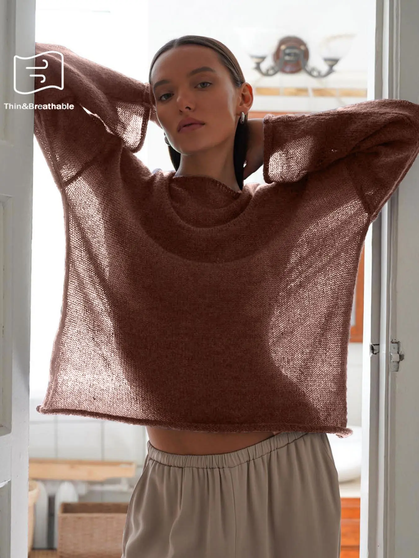 Women's Sheer Thin Lightweight Spring Summer Loose-Fit Plaid Hollow Out Knitting Basic Sweater Pullover, Casual Round Neck Batwing Long Sleeve Knitwear for All Seasons Womenswear Casual Knit Tops