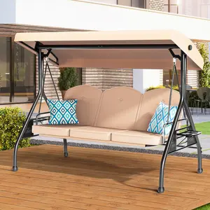 ZZW 3 Person Metal Porch Swings with Stand | Heavy Duty 800 lbs 2 in 1 Swing Bed & Chair, All-Weather Adjustable Canopy, Cup Holder & Cushions for Backyard Garden Deck Adults
