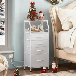 WLIVE 4-Drawer Dresser with Led Light and Charging Station for Bedroom, 37" H Nightstand and Tall Night Stand Bed Side Table, End Table with USB Ports and Outlets, Fabric Bins, Wood Shelf