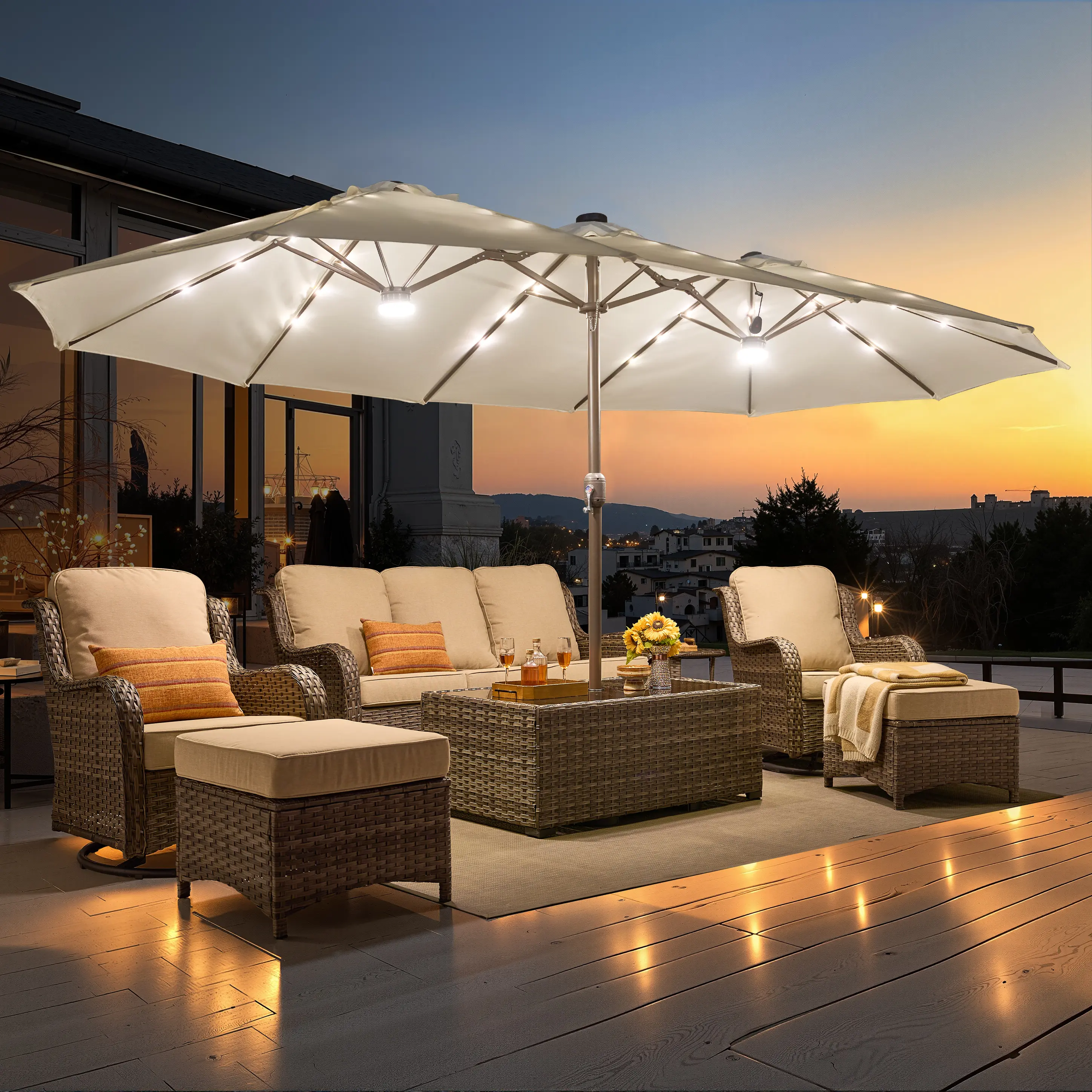 15FT Outdoor Patio Umbrella With Base, Solar Lights Umbrellas, Patio Tables with Umbrella Hole, Large Patio Umbrella With Crank Handle, Market Table Umbrella, Powerful UV Protective,  For Lawn Garden, Deck, Poolside