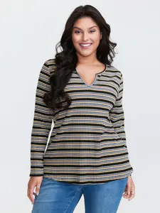 Women's Plus Size Soft Striped Long Sleeves Top - Flat, Comfortable, Casual Fit, Multicolor Monochrome Embroidery, 2026 Summer Turn-Up Style, M-6X Sizes, Ideal for Mother's Day Pick,Summer wins,Deals for you days, Fabric, Longsleeves