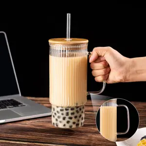 32oz Ribbed Glass Cup with Handle Lid and Straw, Iced Coffee Cups Modern Glass Mug Hot/Cold Drinks for Smoothies, Tea, and Juice