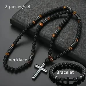 2pcs Bohemian Style Cross Pendant Necklaces for Men & Women - Matte Black & Tiger Eye Stones, Natural Stone Beads, Versatile for Daily Wear & Formal Events, Versatile Jewelry, Avant-Garde Necklace, Intricate Beadwork