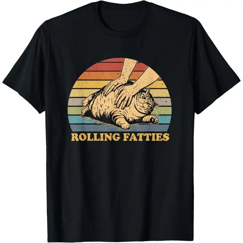 Men's 'Cat Rolling Fatties' Funny Print T-Shirt - 100% Soft Cotton Menswear, Short-Sleeve Casual Round Neck Simple Everyday Basic Top Made in USA