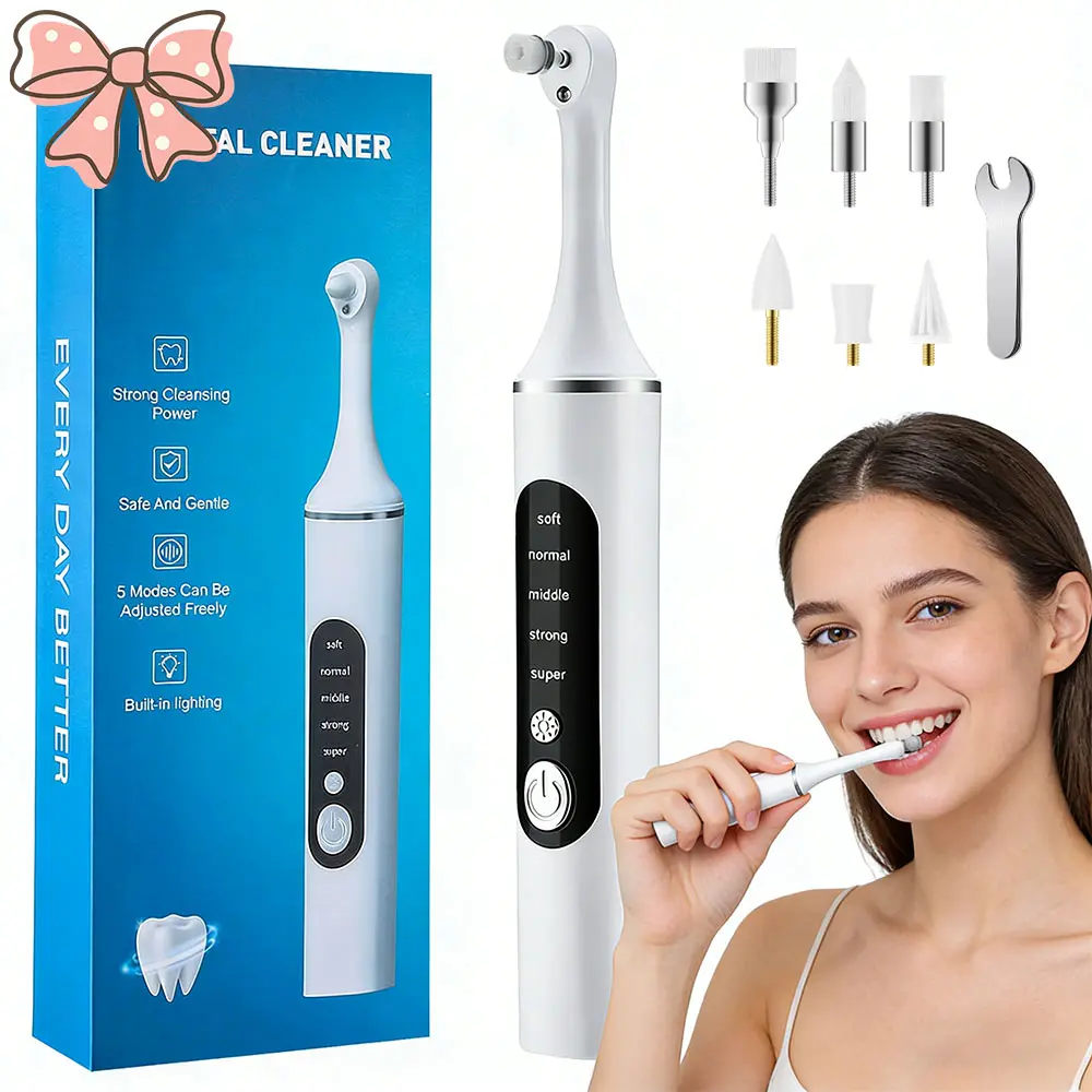 Electric Teeth Polisher, Tartar Removal Oral Cleaner, Teeth Plaque Remover, Rechargeable Toothbrush, Cordless Teeth Cleaner, Adjustable Speed 5 Levels, 6 Replacement Heads, LED Light, Teeth Cleaning Machine, Cordless Teeth Cleansing