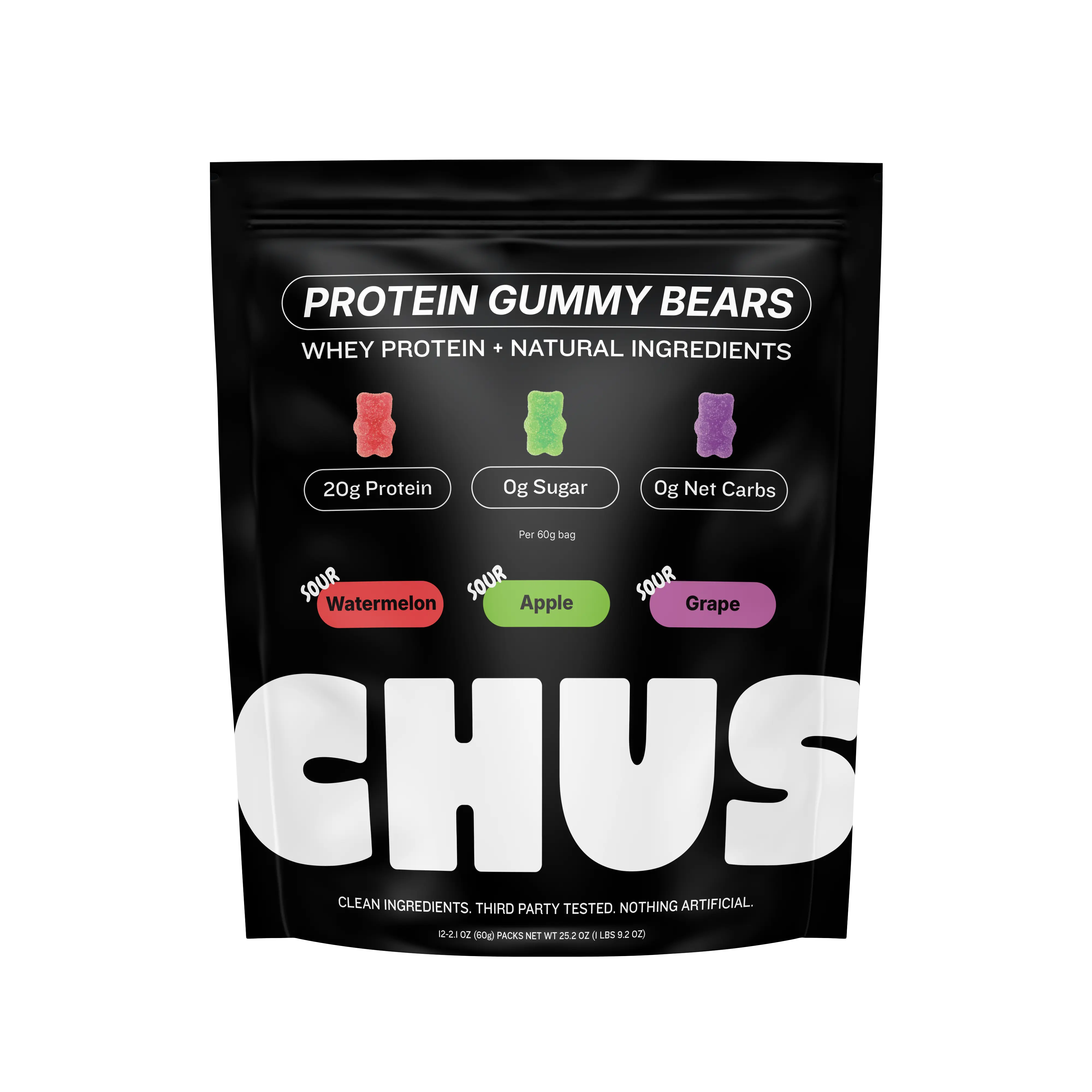 Chus Protein Gummy Bears | 20g of Whey Protein Isolate per Pack | Sour Variety 12-Pack Sour Watermelon, Sour Apple, Sour Grape