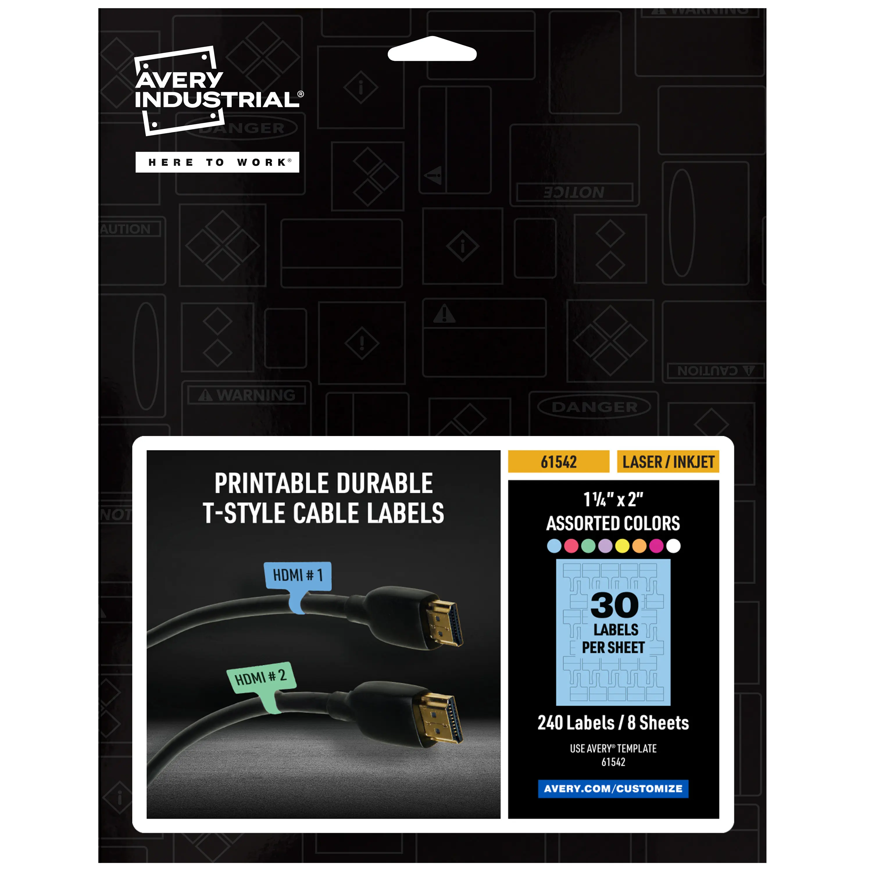 Avery Cable Labels, T-Style Self-Adhesive Cord Labels, 1.25" x 2",  8 Colors, Tear-Resistant Wire Labels, Laser/Inkjet and Handwrite-Compatible, 240 Wire Marking Labels Total (61542)