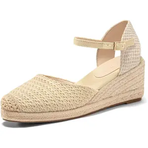 Coutgo Womens Platform Wedge Sandals Espadrilles Raffia Closed Toe Heels Ankle Buckle Strap Summer Beach Shoes outdoorfun
