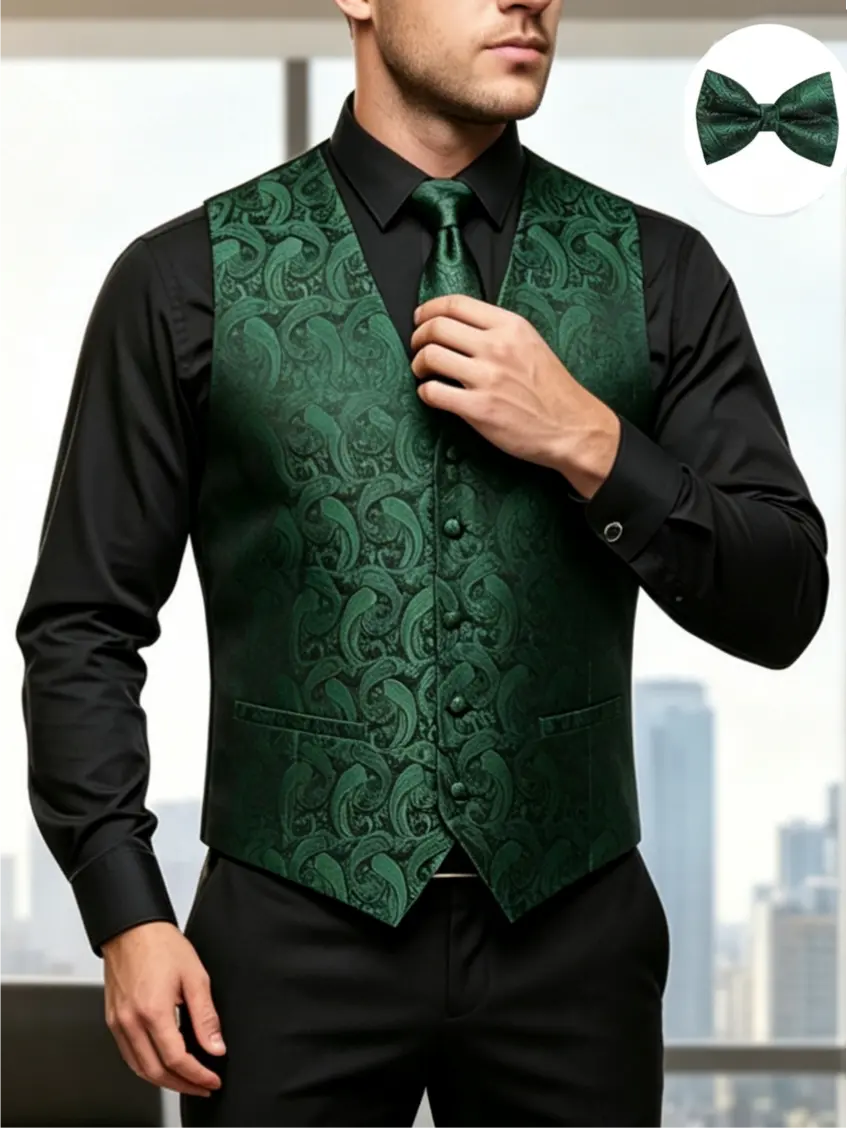 ALIZEAL Men's 5-Piece Sleeveless Paisley Print Jacquard Button-Down Waistcoat Set - Classic Formal V-Neck Tuxedo Vest with Matching Pocket, Tie, Adjustable Belt, Textured Fabric, All Seasons, Dry Clean for Wedding, Prom, Menswear