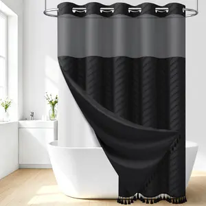 Hook-Free Boho Farmhouse Tufted Chevron Striped Tassel Shower Curtain with Snap-In Magnetic Liner, Chevron Textured, Sheer Window, Waterproof 3-in-1 Set