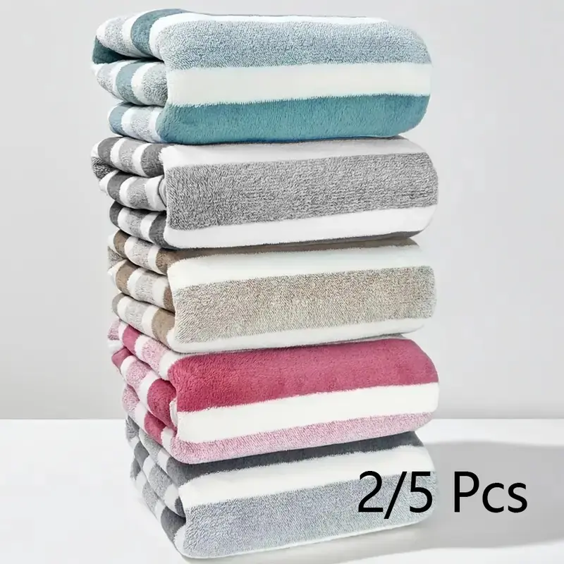 Striped Pattern Bath Towel Sets, Premium Towel Set, 2/5 Counts/set Soft Absorbent Water Absorbent Towel Microfiber Blanket Towels, Quick-Drying Towel for Bathroom, Hotel, Salon and Gym, Home Goods, Super Absorbent Towels