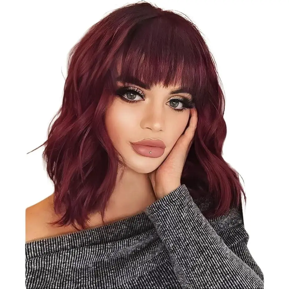 AISI HAIR Curly Bob Wig with Bangs Short Wavy Color Wigs for Women Bob Style Synthetic Heat Resistant Bob Wigs Easy To Wear Net Design Straight Bob Wig Soft Wave Wig