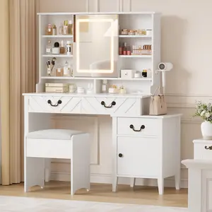 Vanity Desk with Sliding Mirror & LED Lights, Makeup Vanity Table with Charging Station & Storage Drawers, Adjustable Dressing Table with Cabinet, Bedroom Makeup Desk with Stool, White