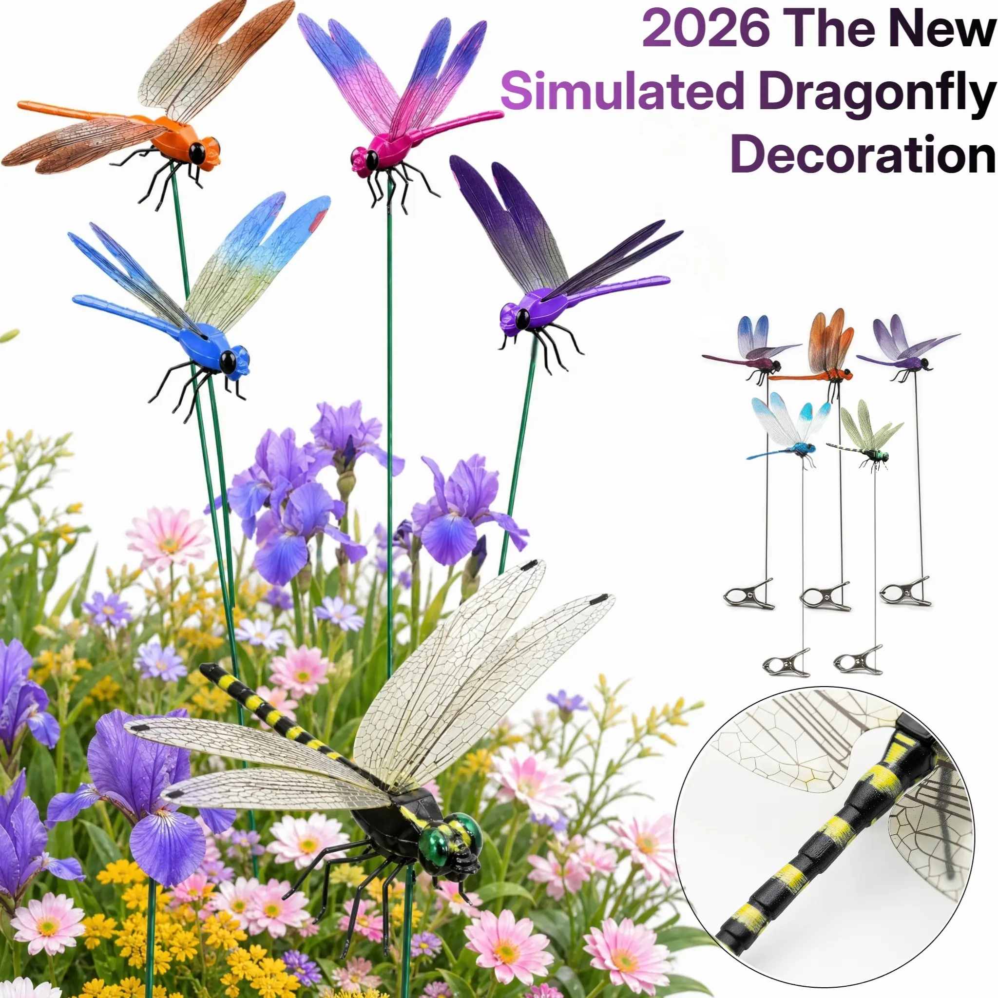 2026 New Colors Vibrant Simulated Dragonfly Garden Decor Stakes, All-Weather Bendable & Customizable Dragonfly Ornaments, UV-Resistant Wings, Industrial-Grade Clip, Ideal for Yard Art, Garden Accents and Patio Decoration-YY