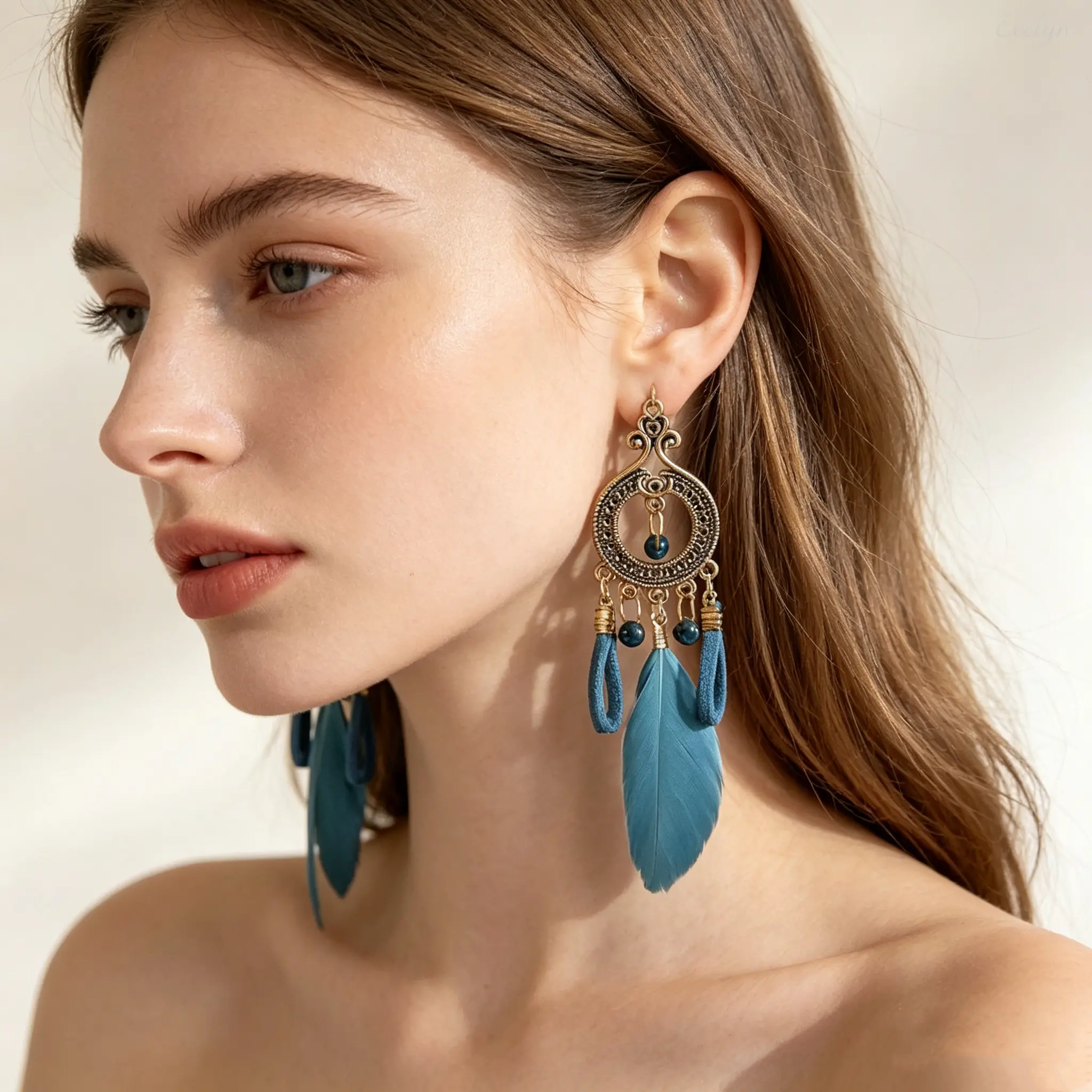 Women's Vintage Gold Scroll Hollow Hoop Earrings with Blue Feather Suede Tassels - Long Dangle Drop Earrings for Female Casual Beach Festival Jewelry, Swing Drop, Feather Tassels, Elegant, Fashion