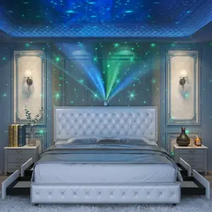GEGOFORU Queen Size LED Bed Frame  Star projector, built-in speakers,  USB ports, and 4 storage drawers. Velvet upholstered high headboard platform bed with silent, noise-reducing design. No box spring needed.