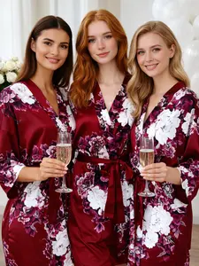 Taniri Floral Satin Vneck Kimono Robe for Women, Soft Machine Washable Bathrobe Dressing Gown, Elegant Belted Loungewear Nightwear, One Size Fits Most, Bridesmaid Getting Ready Robe, Bridal Party Robe