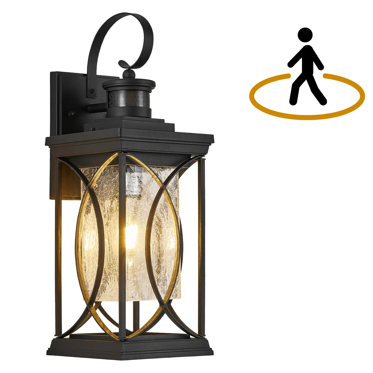 Outdoor Wall Light with PIR Motion Sensor - 200° Detection, 32.8 ft Range, Dusk to Dawn Photocell, IP65 Waterproof, E26 Base Black Aluminum Frame, Crack Glass Shade, 3 Adjustable Modes for Safety, Porch, Patio, Outdoor Wall Lights, 200° Motion Detection