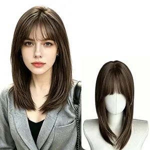 Lotfon Women's non adhesive synthetic wig, stylish cool brown medium to long hair style, simulated scalp on top for a natural and realistic look, adjustable head circumference, comfortable fit, instantly changes your style, suitable for daily wear