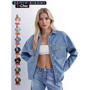 Women's Plain Drop Shoulder Long Sleeves Denim Jacket, Casual Outerwear With Pockets For All Seasons