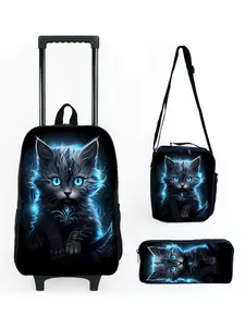 Cat 17-inch rolling backpack set with cat pattern print (three pieces)