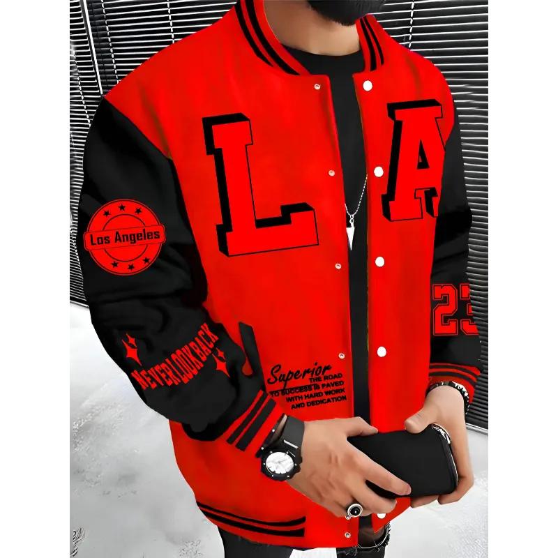Men's Los Angeles LA Baseball Jacket - Red & Black with White Lettering, "SUPERIOR QUALITY" Embroidery, Lightweight & Warm Polyester Varsity Coat with Pockets, Hip Hop Rock Style