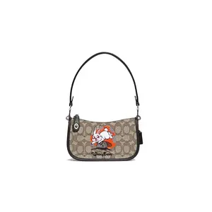 Coach x White Rabbit Swinger 20 Crossbody Bag for Women, Classic Monogram Jacquard with Cartoon Patches, Khaki and Black