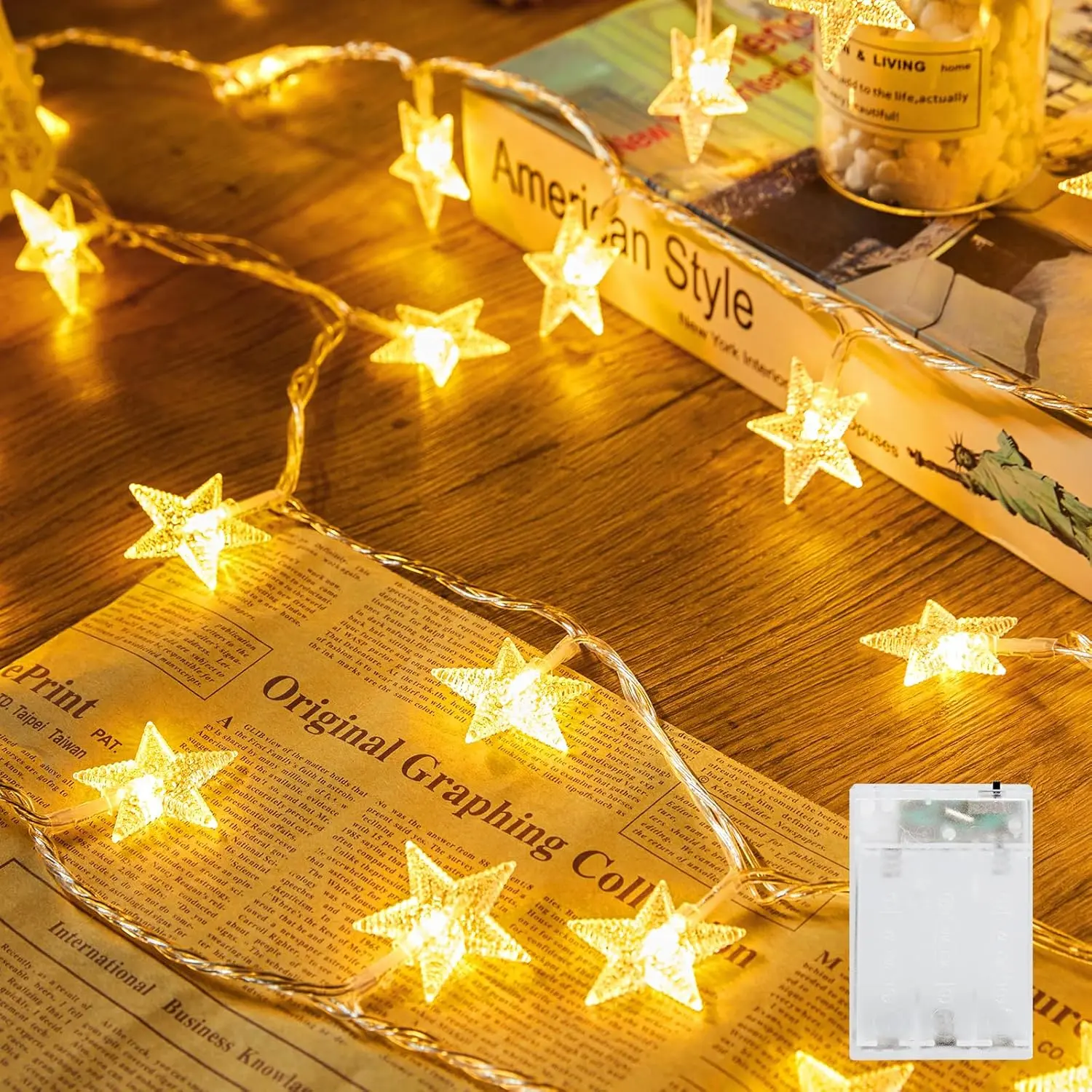 Warm White Star String Lights, 17FT 50 LED per Pack, 1/2/3 Pack Options (17FT/34FT/51FT, 50/100/150 LEDs), Battery Operated 5-Point Star Fairy Lights, for Bedroom, Dorm, Window, Christmas & Party Decor