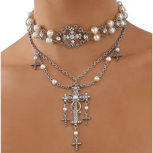 Gothic Cross Layered Necklaces, Goth Stacked Pearl Necklace with Cross Pendant for Women, Adjustable Statement Chunky Silver Jewelry for Women Cosplay Birthday Party Y2k Fashion Accessories