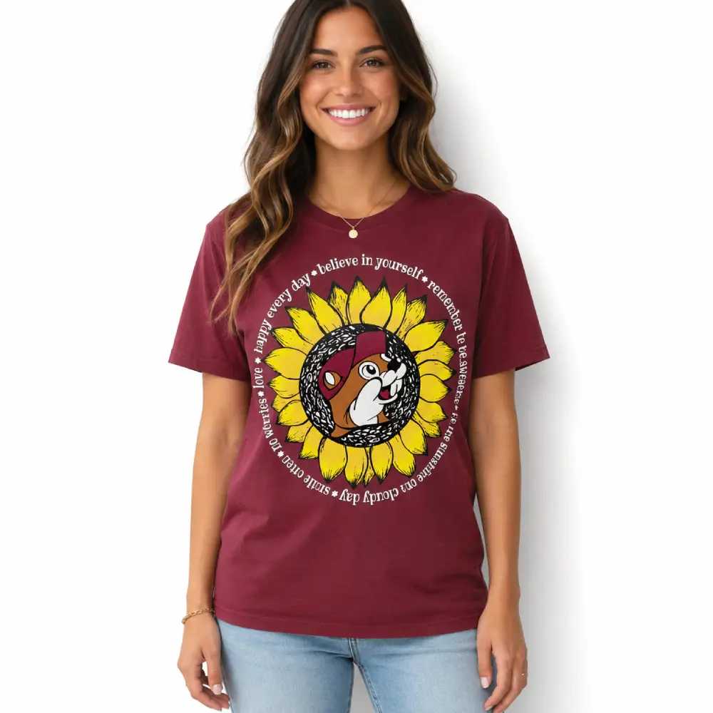 Buc-ee's "Sunflower Positivity" Maroon T-Shirt Shortsleeve Classic