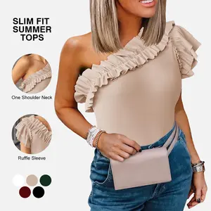 Tankaneo Womens One Shoulder Shirts Ruffle Sleeve Slim Fit Knitted Ribbed Summer Tops