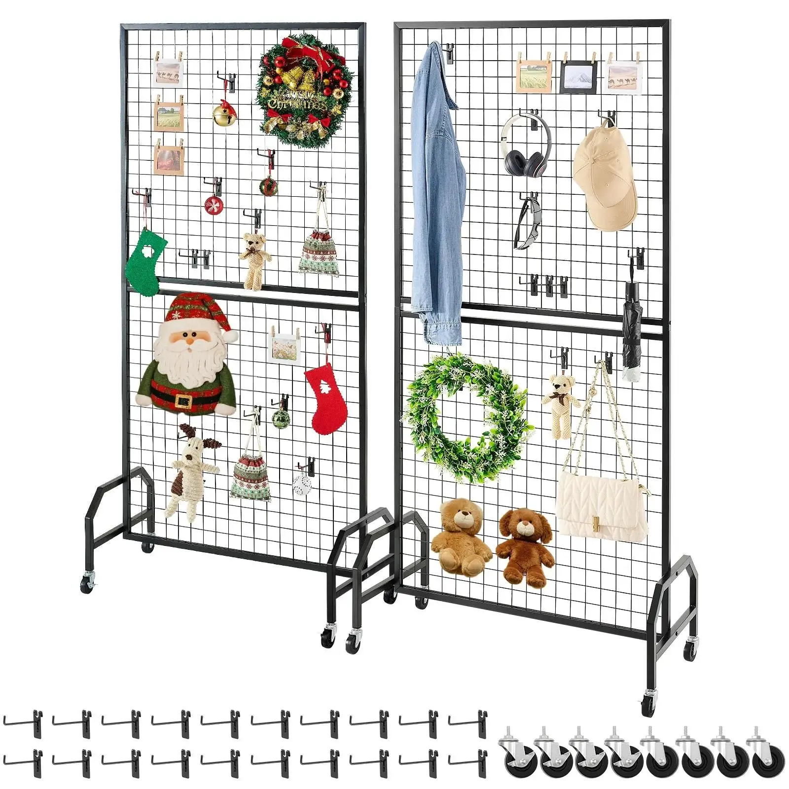 Black Carbon Steel Grid Wall Panels (2-Pack, 2.9x5.9ft) – Decorative Movable Organiser Rack with Rubber Wheels, 10 Hooks, Easy Installation Room Storage & Display Shelf for Craft Show Notice Board