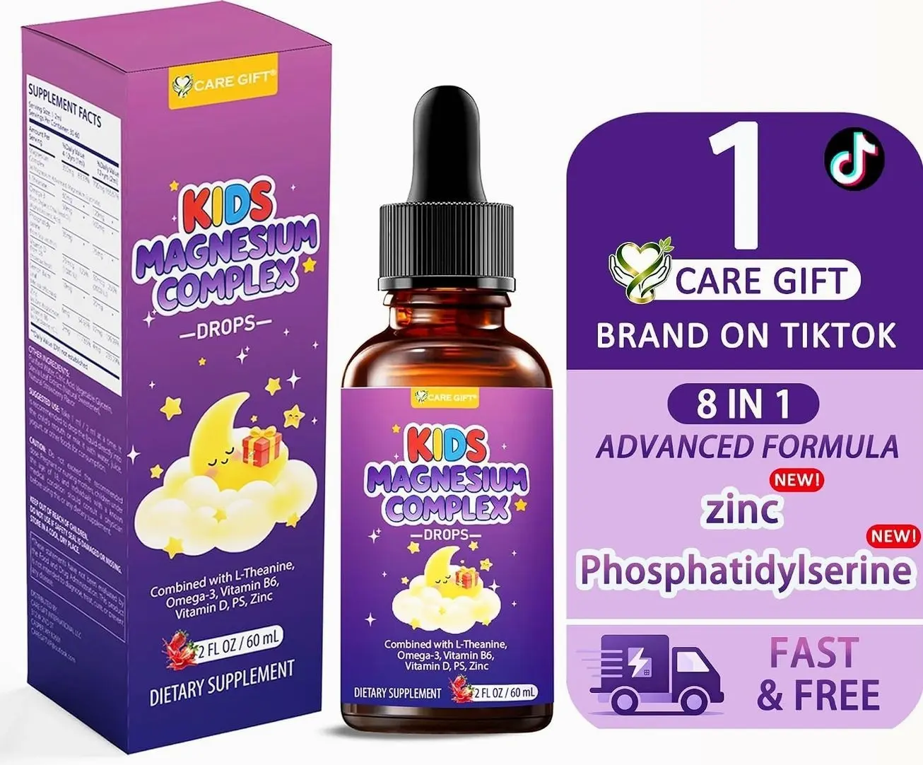 Kids Magnesium Liquid Drops-Magnesium Glycinate Liquid for Kids Supplement-w/L-theanine Omega-3 PS Zinc Vitamin B6 D3 - for Sleep Relaxation Brain Bones Immunity - 2 Fl Oz, Strawberry Flavor