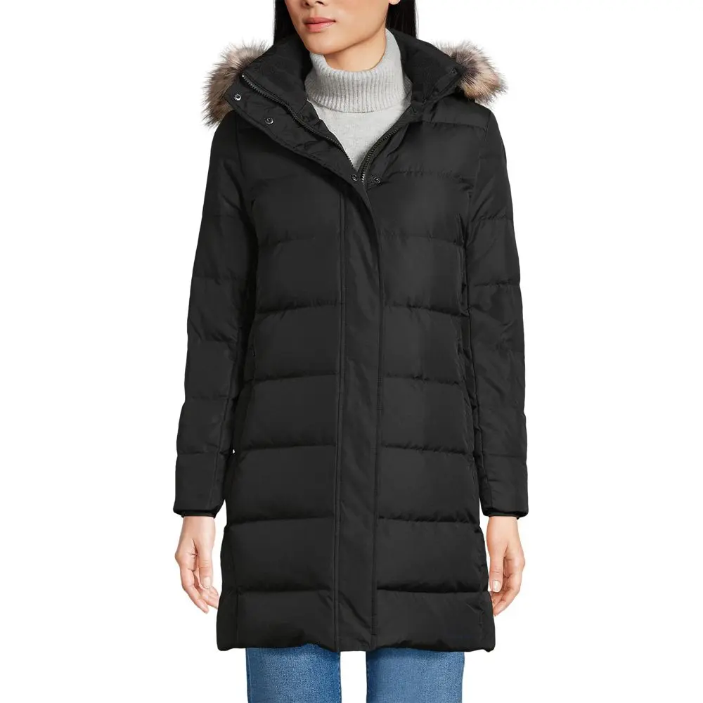 Lands' End Women's Long 600 Fill Down Puffer Coat, Lightweight Nylon Winter Coat with Removable Faux Fur Hood and Pockets, Long Sleeve