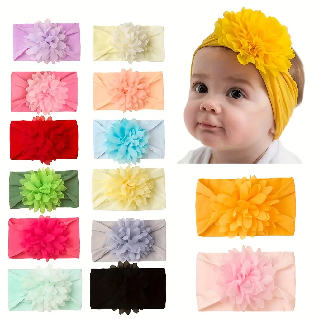 14pcs Baby Girls' Soft Stretch Nylon Headbands - Pastel Floral Hair Accessories Cute Princess Headscarves for Toddler Hair Styling, Mother’s Day & Graduation Gifts, Baby Headwear |             Ruffled Design |             Vibrant Colors, Toddler Hair Acce