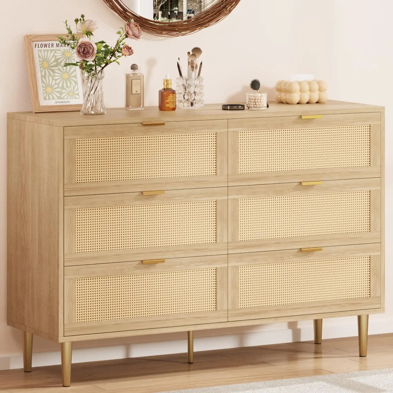 Garvee Rattan 6 Drawer Dresser with Gold Legs and Handles, Modern Wide Double Chest of Drawers Featuring Large Tabletop and Anti-Tipping Design for Bedroom and Living Room, Natural Finish