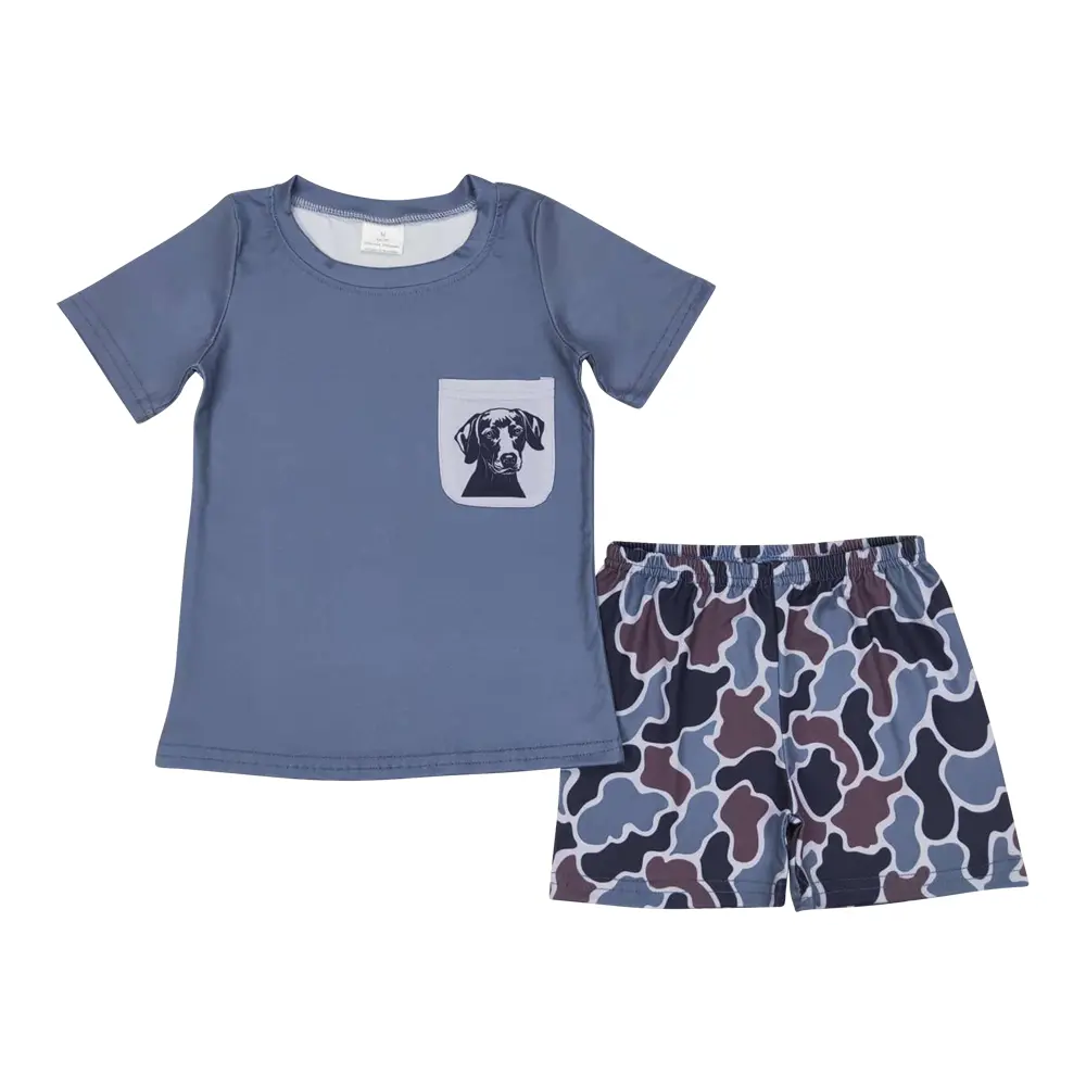 Baby Boy Clothes Summer 2-Piece Casual Suit - Camouflage Milk Silk Short-Sleeve Top, Blue Shorts, Sizes 6-12M/12-18M, Basic Look, Machine Washable (BSSO0304)