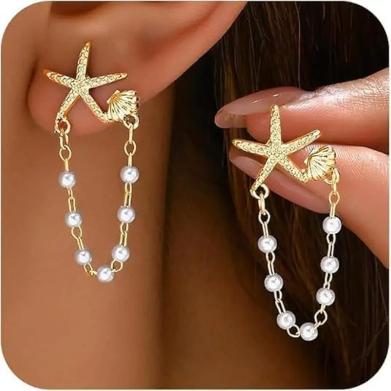 Women's 14K Gold Plated Starfish Statement Earrings - Sea Shell Beach Jewelry, Summer Coastal Vacation Gift