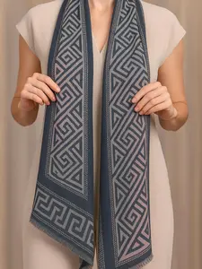 Geometric Greek Key Pattern Scarf – Elegant Soft Woven Wrap with Classic Border Design Trendy Solid Shawl Fringe Trim Shawl