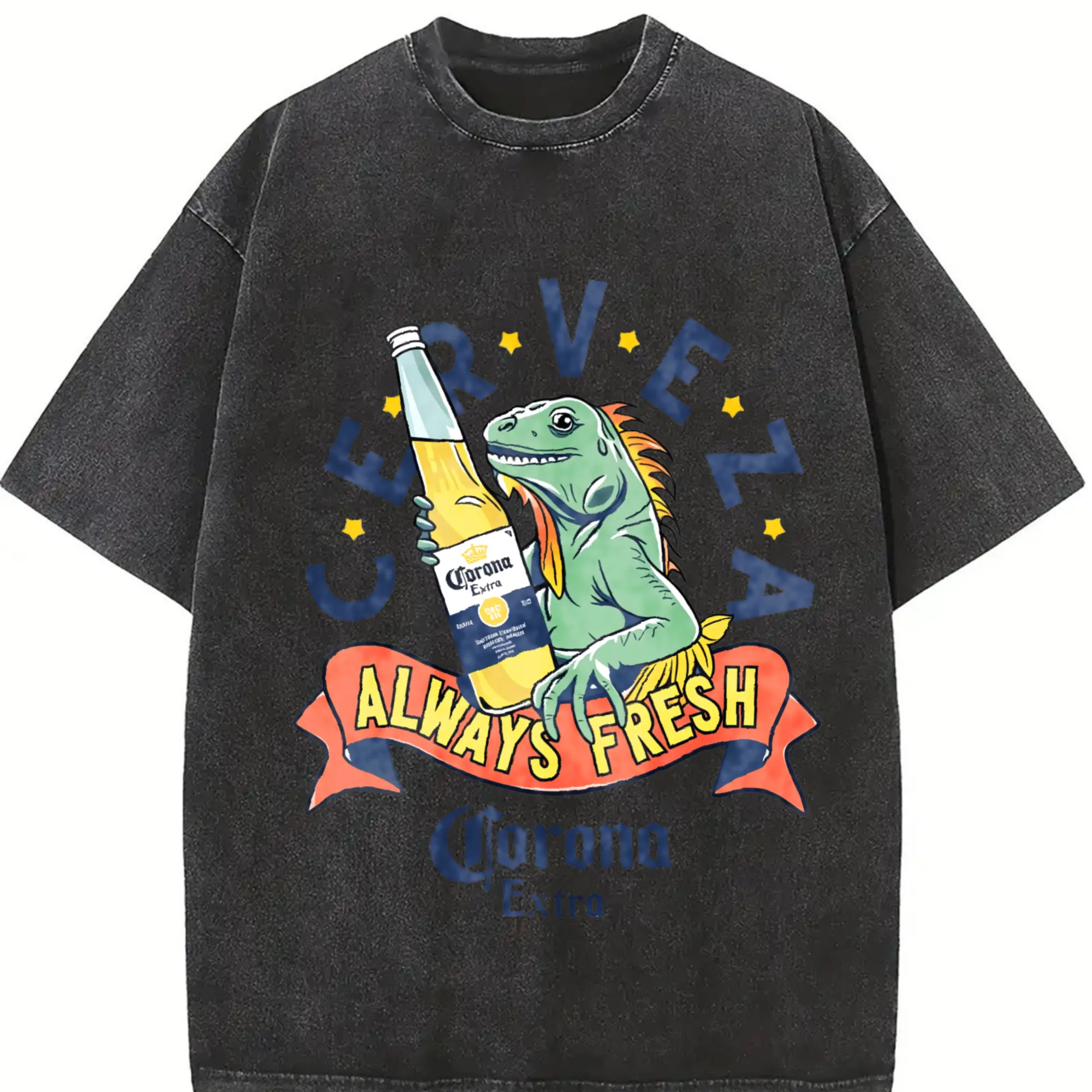 Graphic tee featuring a lizard holding a beer, “Corona Extra Always Fresh” print, retro washed 230 g pure cotton, double-sided design, crew neck short sleeve, regular fit, vintage streetwear, unisex casual top for men and fall wear T-shirt round neck