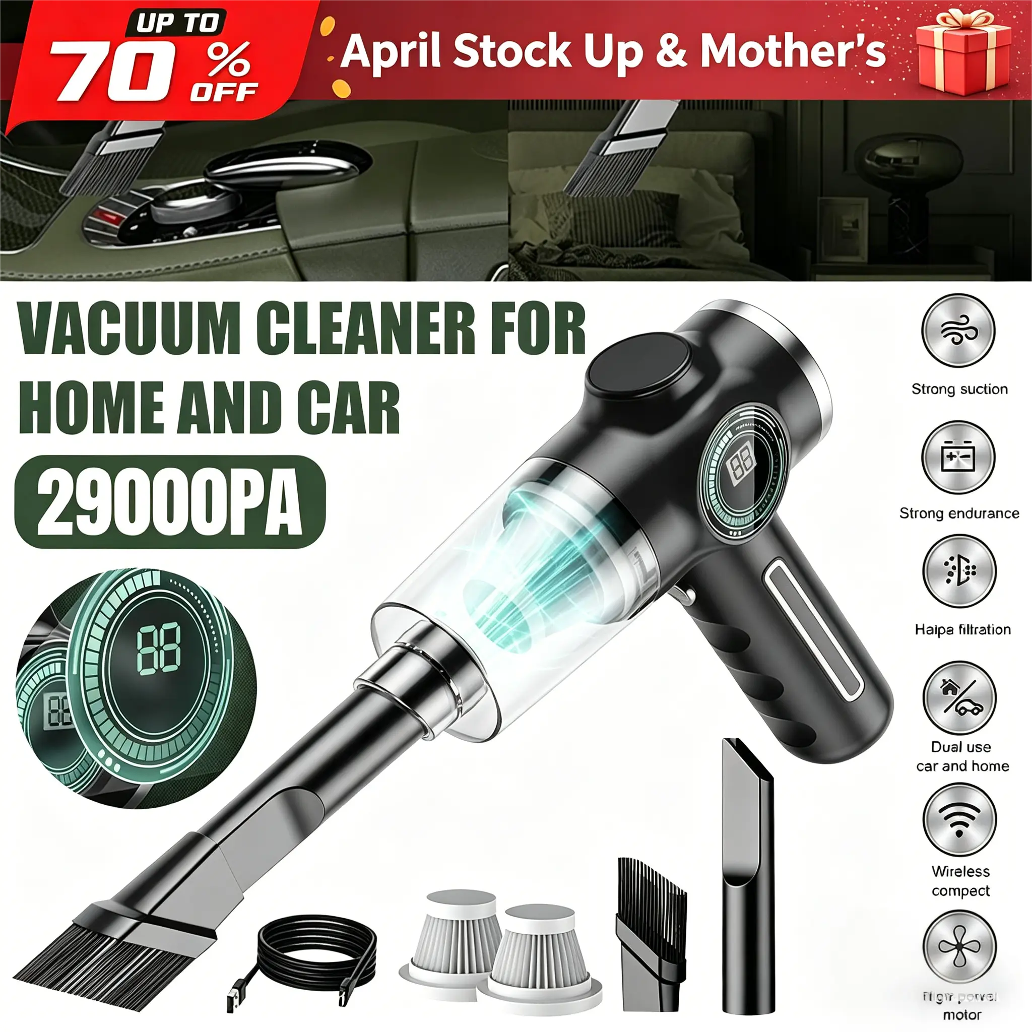 【Back To School Gift】Cordless Rechargeable Compact Handheld Vacuum Cleaner - Quiet DC Motor Dirt Removal Vacuums with Dual Filters for Home Use, Elegant Black, Cordless Vacuums