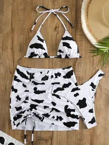Women's Cow Print Bikini Set, Halter Bathing Suit, Casual Fashion Chic Swim Top & Swim Bottom & Cover Uo Skirt Set for Beach Holiday Vacation, Ladies Swimwear for All Seasons