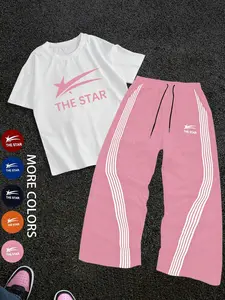 Two-Piece Set Men's Letter Print Short Sleeve Tee & Tracksuit Pants Set, Regular Fit Round Neck T-shirt & Jogger Pants, Casual Fashion Breathable Men Two-piece for Gym Workout Running Sports Activewear Set, Athletic Set