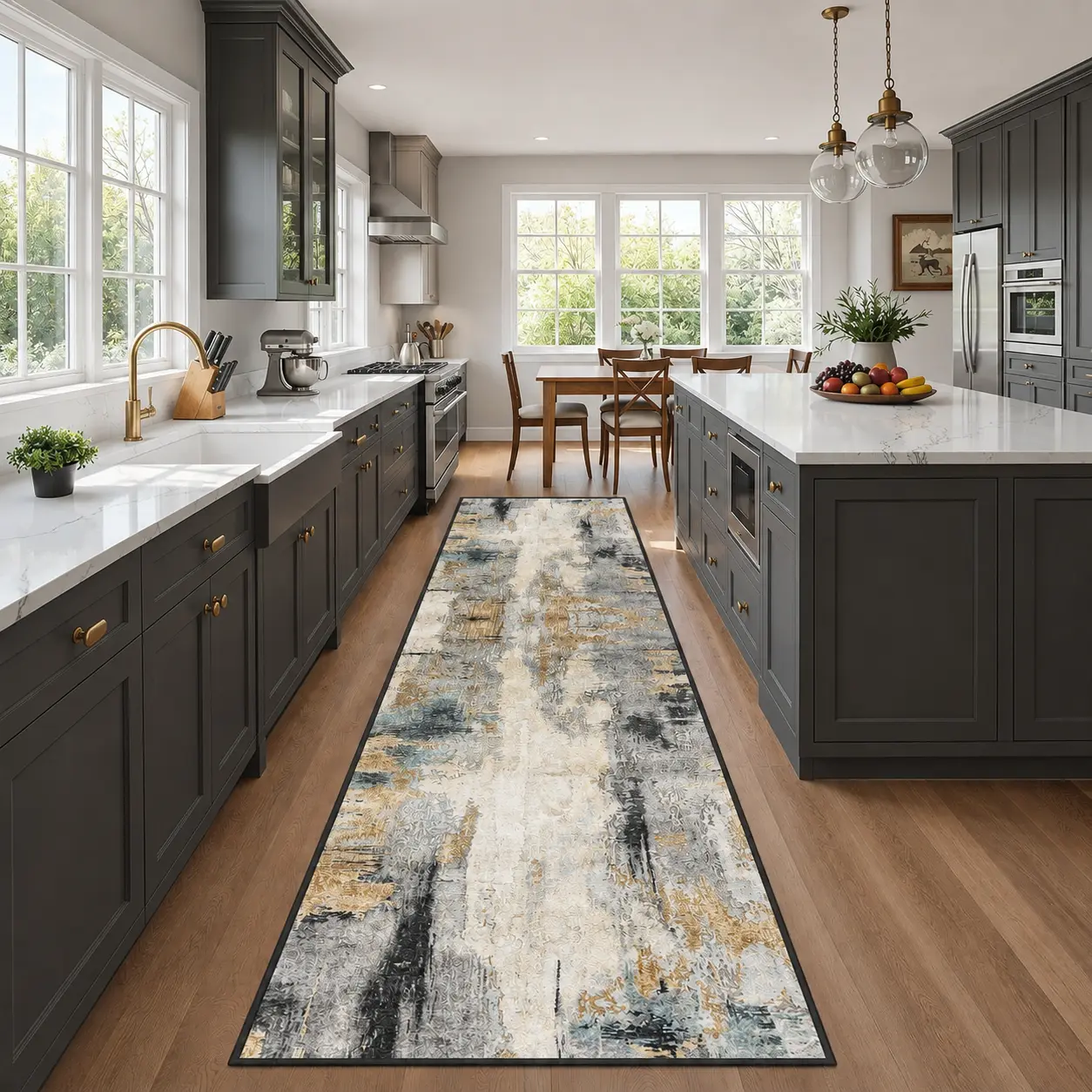 2' x 10' Modern Abstract Printed Runner Rug – Washable Non-Slip Printed Hallway Runner, Thin Distressed Gold and Grey Kitchen Rug for Entryway, Bedroom and Laundry Room, Abstract Print, Indoor Areas