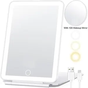 Rechargeable Travel Makeup Mirror with LED Lights and 10X Magnifying Mirror, Portable Makeup Mirror, Suitable for Home & Travel